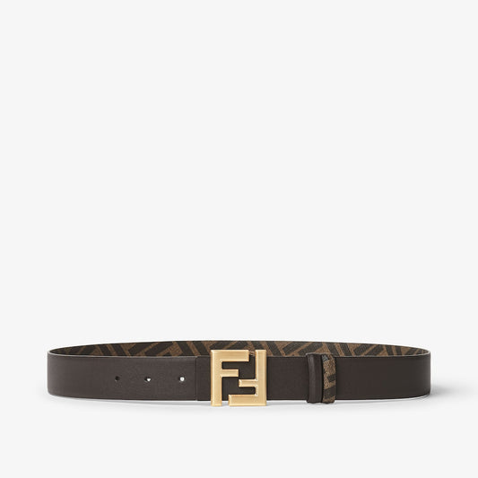 Men's reversible belt in leather and FF canvas, brown