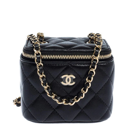 Mini vanity case with chain made of lambskin leather, black