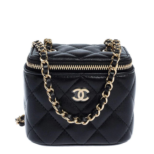 Mini vanity case with chain made of lambskin leather, black