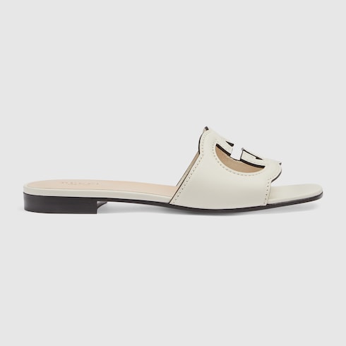 Women's white leather GG cross-strap slider sandals