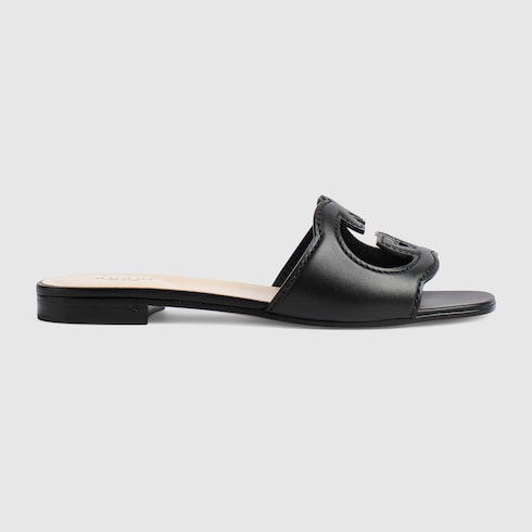 Women's GG Criss-Cross Strap Leather Slider Sandals in Black