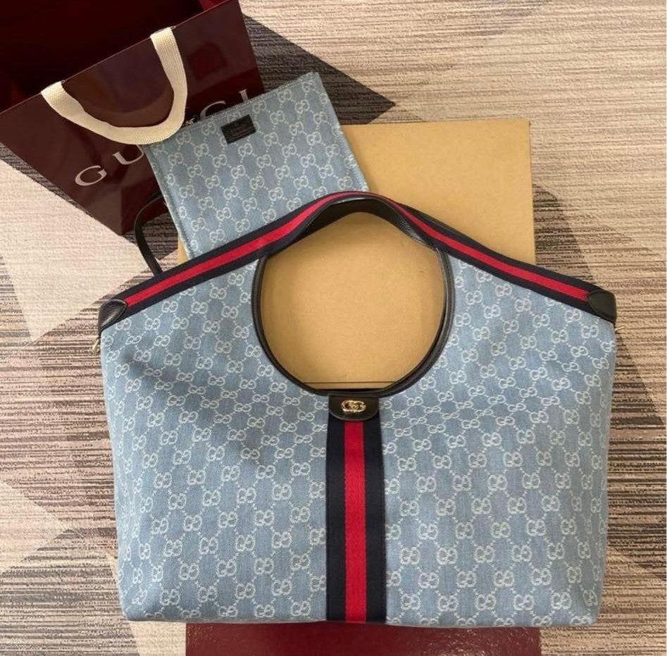 Small GG Giglio shopping bag in blue and white fabric