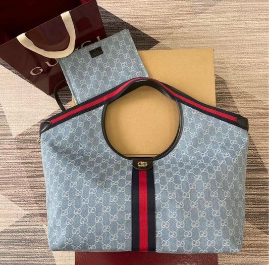 Large GG Giglio shopping bag in light blue and white fabric