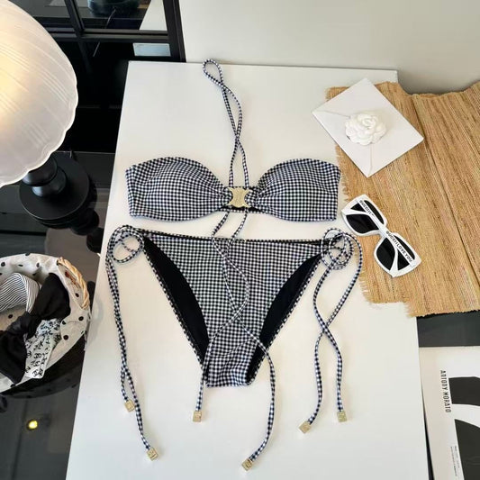 Triomphe Bikini-Set im Vichy-Karomuster mit goldenen Details