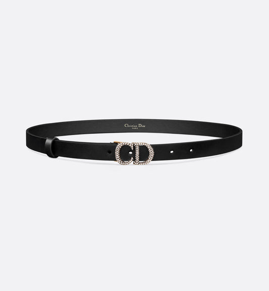 Saddle Belt, Smooth Calfskin Leather, Black with Silver Crystals, 20 mm, Women's