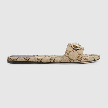 Women's GG Canvas Slides with Morsetto in Beige and Dark Brown