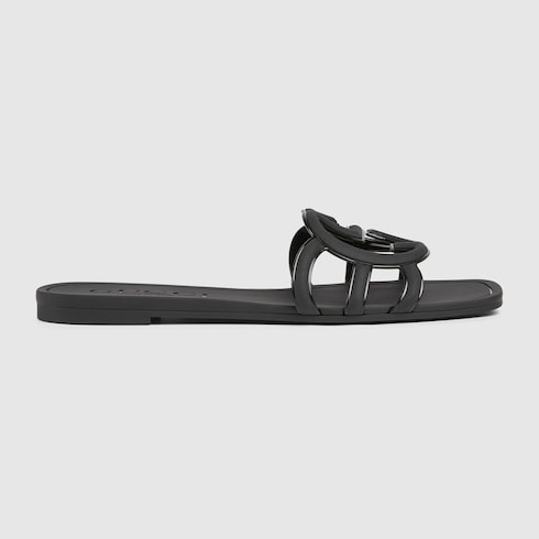 Women's Black Rubber GG Criss-Cross Strap Slider Sandals