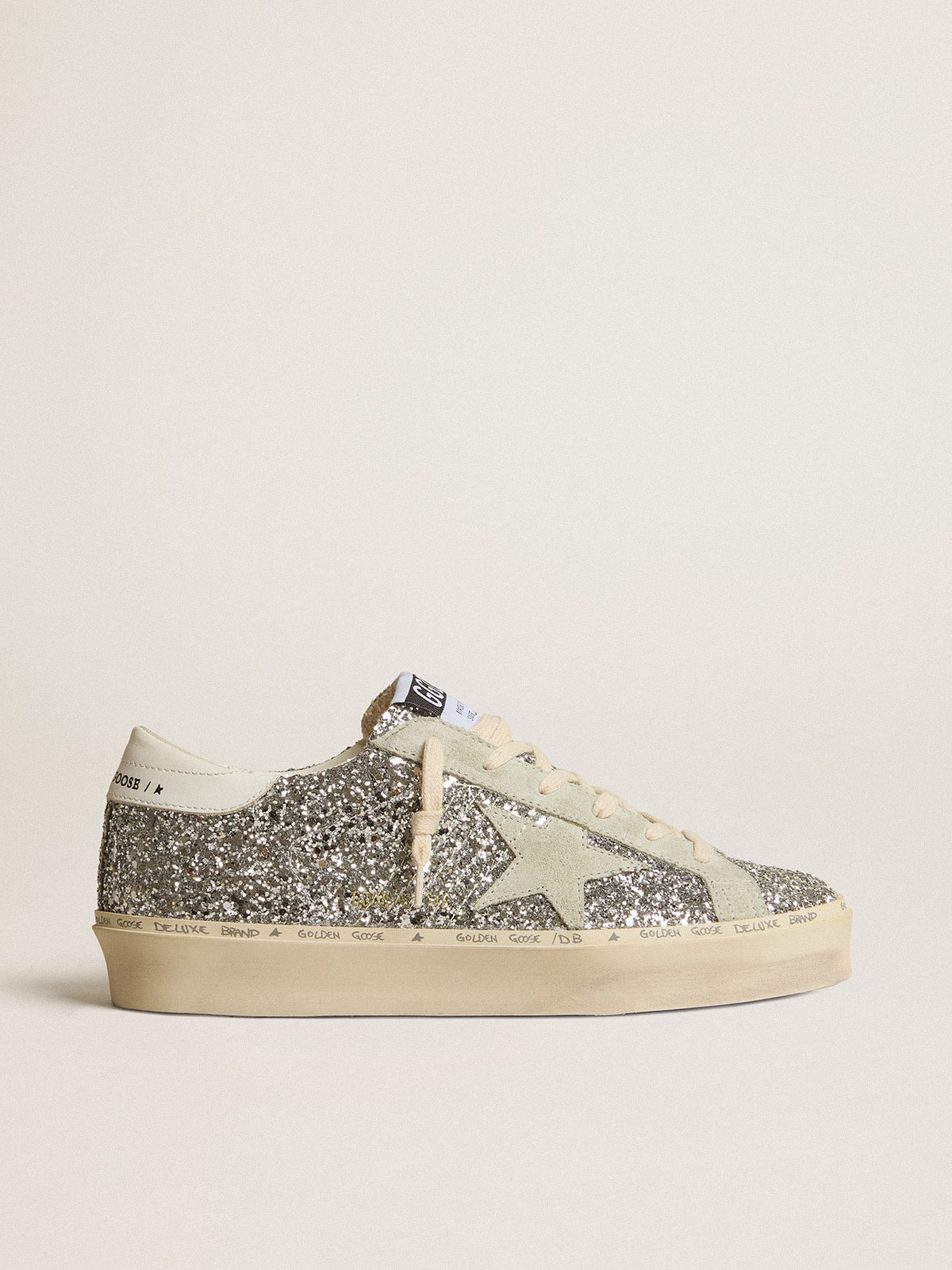 Hi Star sandal in silver glitter with suede star and white heel section