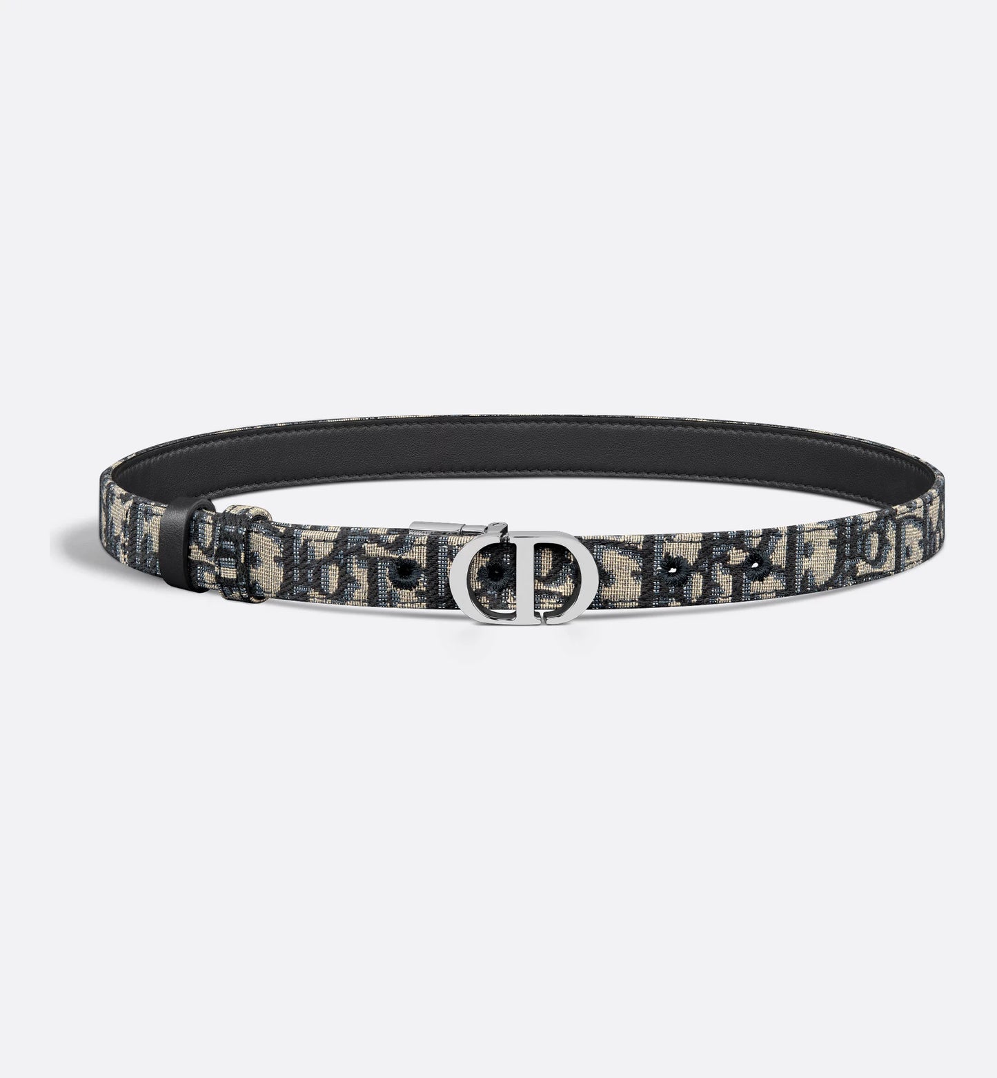 30 Wende-Gürtel Montaigne aus glattem blauem Kalbsleder und Oblique Jacquard mit silberner 20-mm-Schnalle für Damen