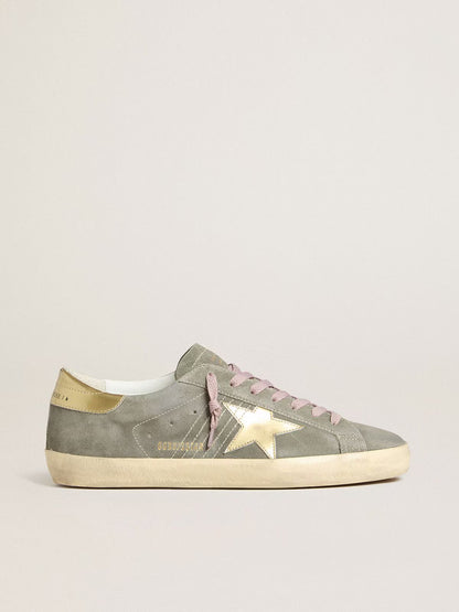 Grey suede with star and heel in golden metallic leather