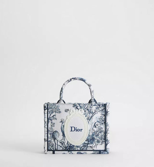 Mini Dior Book Tote with Shoulder Strap with Blue Toile de Jouy Floral Garden Embroidery