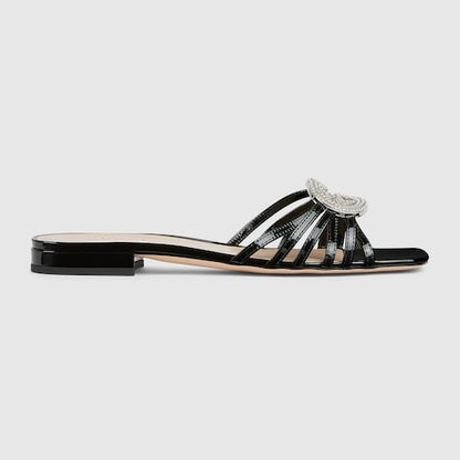 Women's GG Criss-Cross Crystal-Embellished Patent Leather Slider Sandals in Black