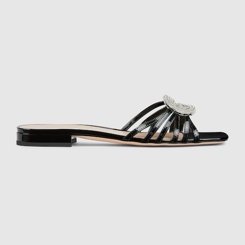 Women's GG Criss-Cross Crystal-Embellished Patent Leather Slider Sandals in Black