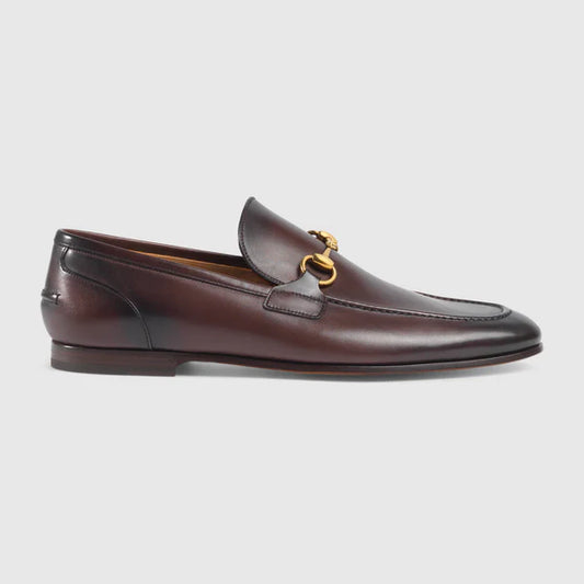 Men's GG Jordaan moccasin in dark brown leather with gold buckle