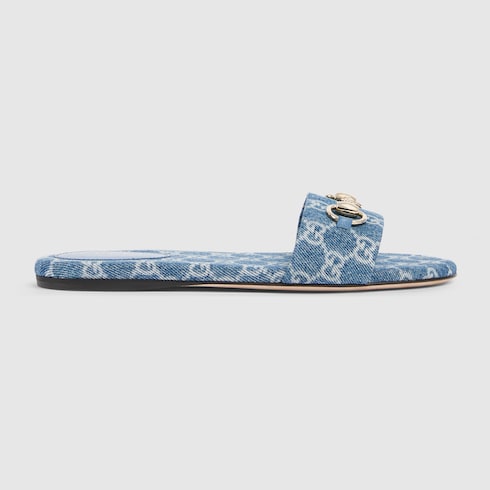 Women's slider sandals with Morsetto in blue GG denim
