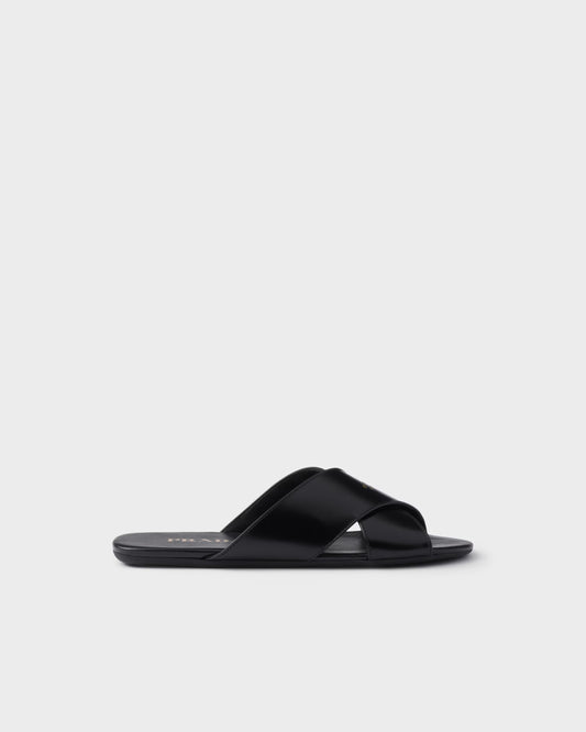 Black Brushed Leather Slider Sandals