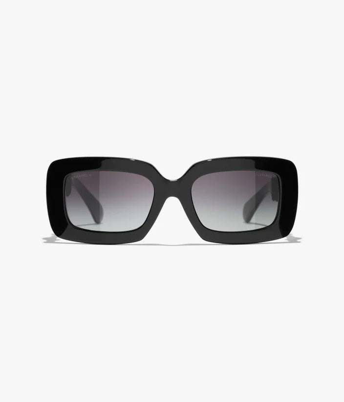 Rechteckige Sonnenbrille aus Acetat Metall und schwarzer Seide mit grau verlaufenden Gläsern