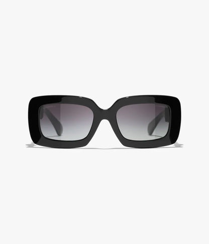 Rechteckige Sonnenbrille aus Acetat Metall und schwarzer Seide mit grau verlaufenden Gläsern