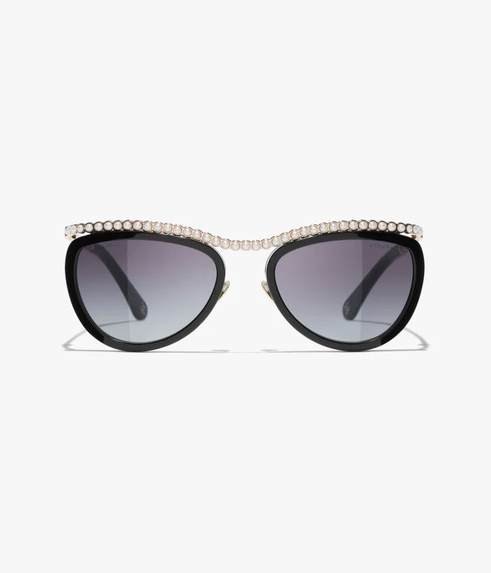 Cat-Eye-Sonnenbrille aus Acetat mit schwarzen und grauen Gläsern sowie Kunstperlen