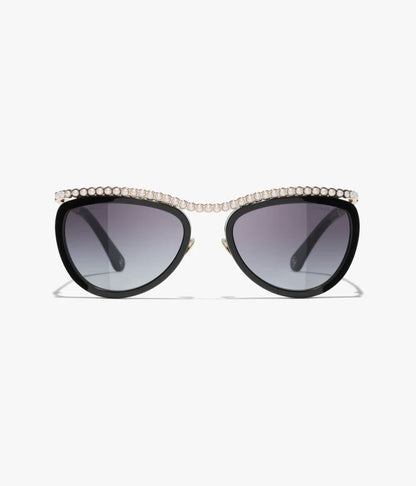 Cat-Eye-Sonnenbrille aus Acetat mit schwarzen und grauen Gläsern sowie Kunstperlen