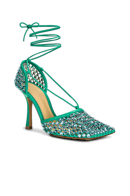 Sandals with elasticated straps, rhinestones and 90 mm lacing in vibrant turquoise