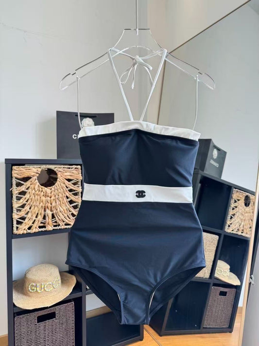 Bralette-Badeanzug Weiß und Schwarz