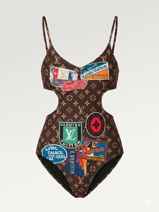 Monogram Patchwork Print Badeanzug Braun