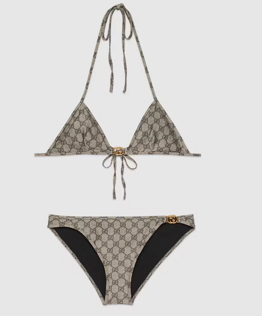 Bikini aus Stretch-Jersey mit GG-Print in Beige und Ebenholz