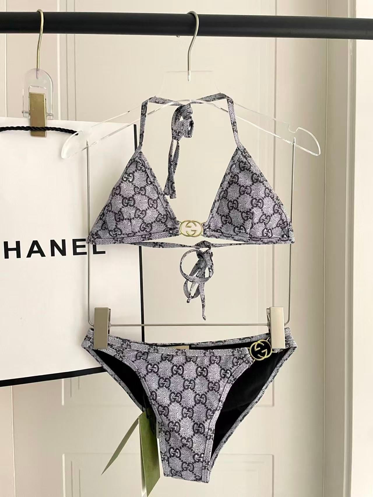 Bikini aus Stretch-Jersey mit GG-Print in Grau und Schwarz