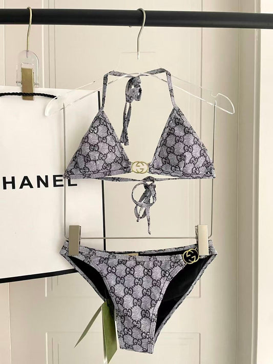Bikini aus Stretch-Jersey mit GG-Print in Grau und Schwarz