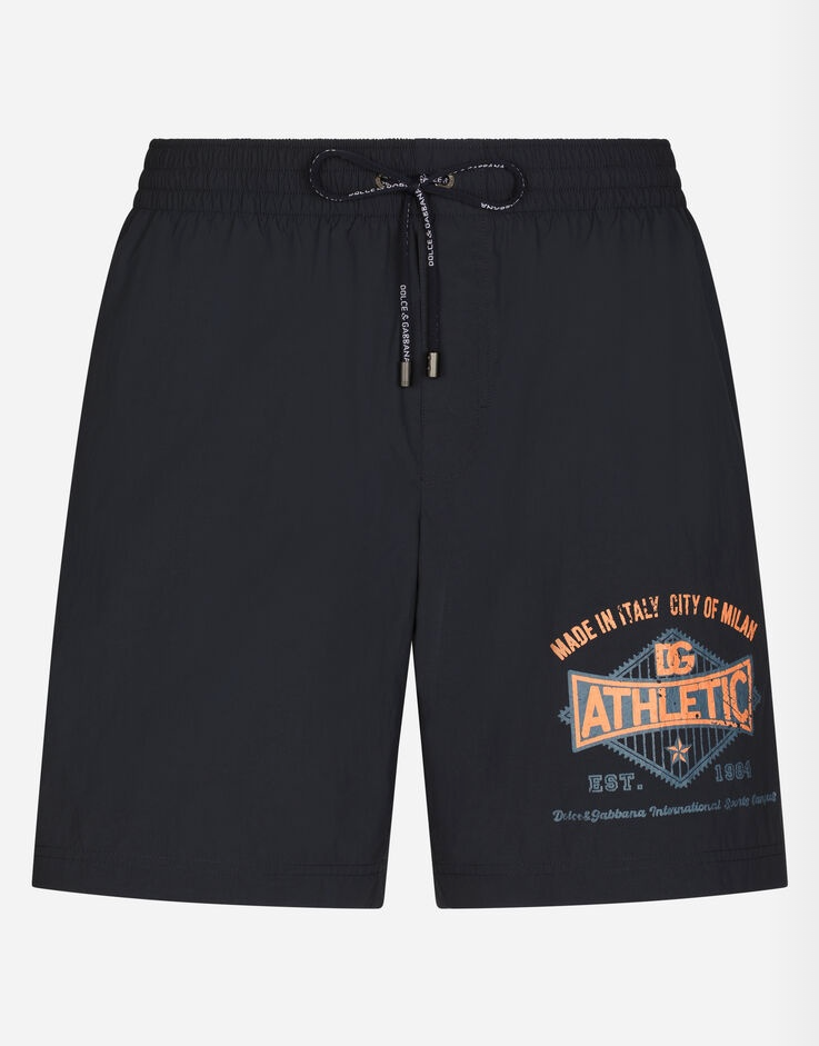 Schwarze Badehose bis zur Mitte des Oberschenkels mit grafischem Rückenprint