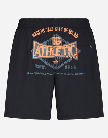 Schwarze Badehose bis zur Mitte des Oberschenkels mit grafischem Rückenprint