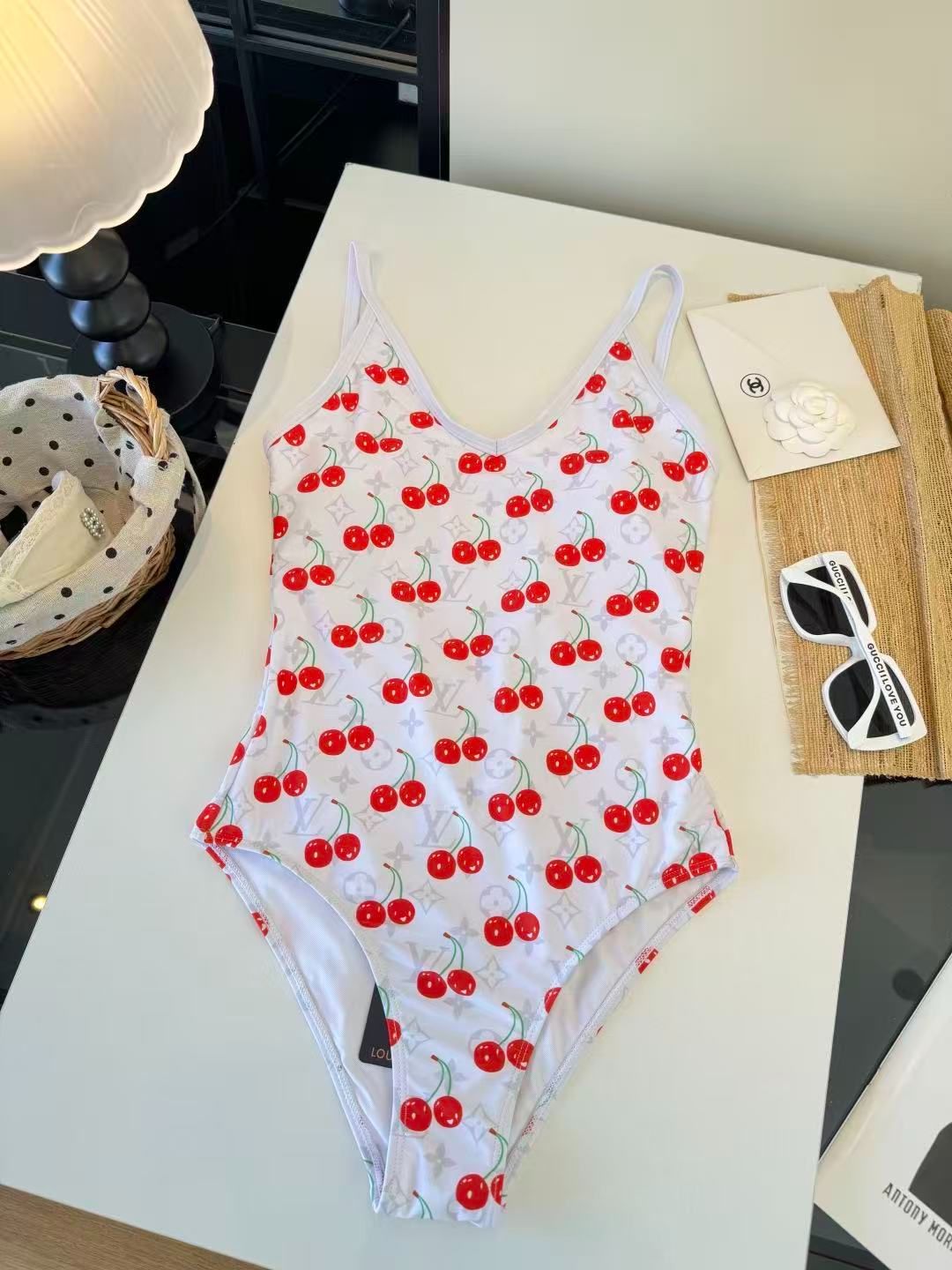 Cherry Monogram Print Badeanzug Weiß/Rot
