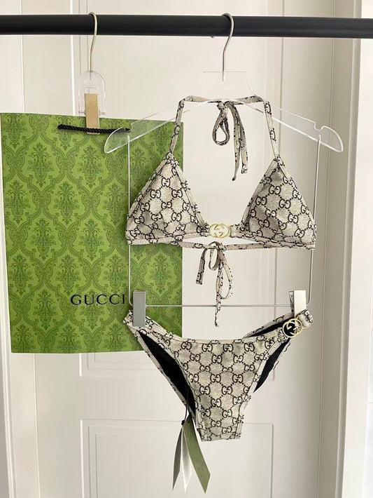 Bikini aus Stretch-Jersey mit GG-Print in Gold und Schwarz
