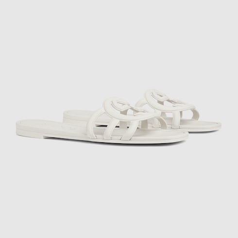 Women's white rubber GG cross-strap slider sandals