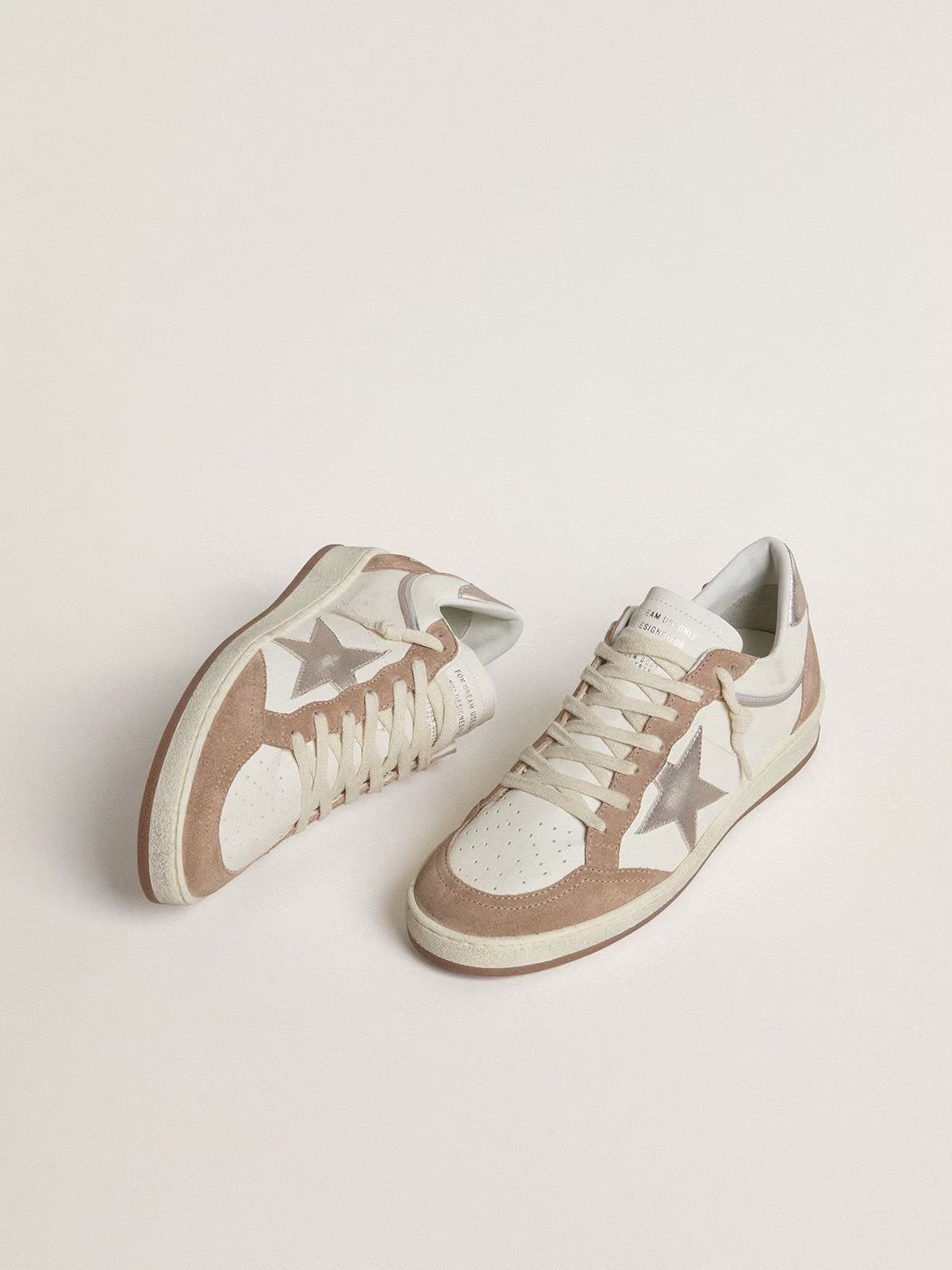 LTD in white nappa and old rose suede with star and heel in silver metallic leather