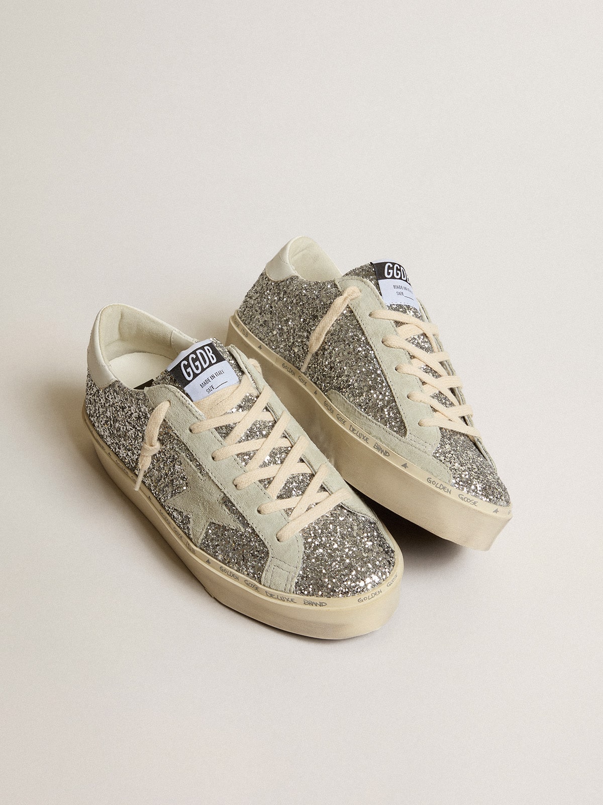 Hi Star sandal in silver glitter with suede star and white heel section