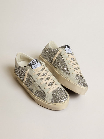 Hi Star sandal in silver glitter with suede star and white heel section