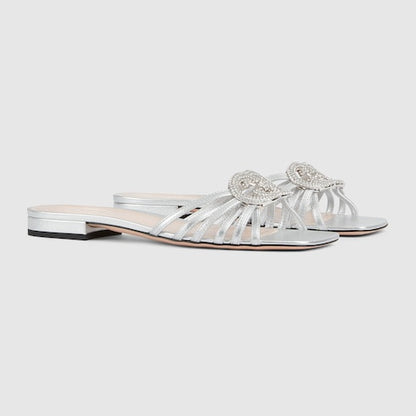 Women's silver leather GG crystal cross-strap slider sandals