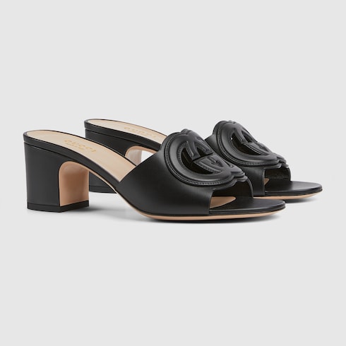 Women's GG Criss-Cross Strap Leather Slider Sandals in Black