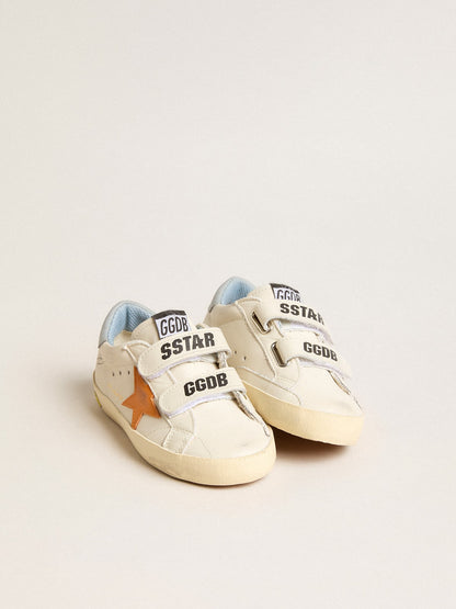 Old School Young in leather with orange star and baby blue heel