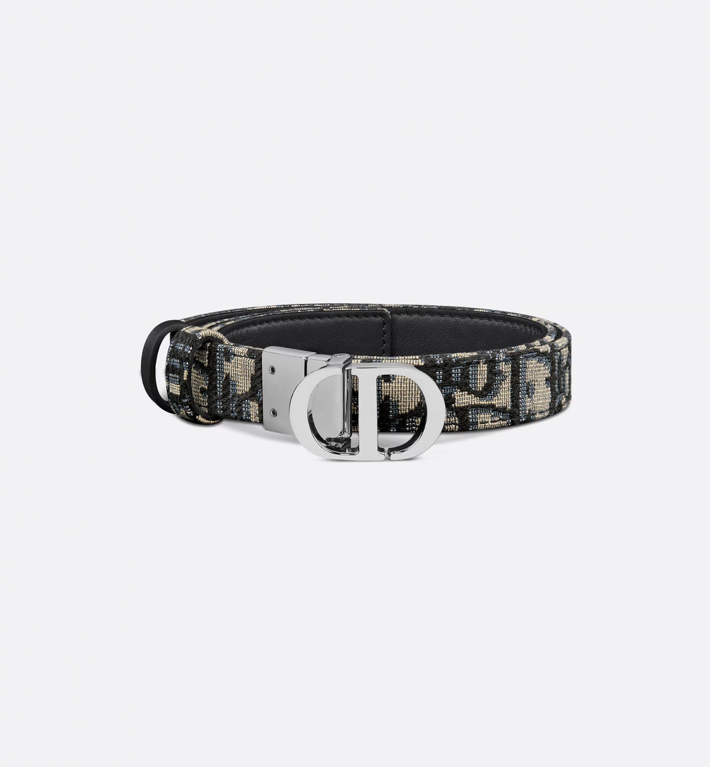 30 Wende-Gürtel Montaigne aus glattem blauem Kalbsleder und Oblique Jacquard mit silberner 20-mm-Schnalle für Damen