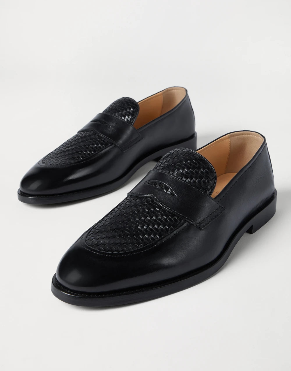 Braided calfskin and polished calfskin penny loafers in black
