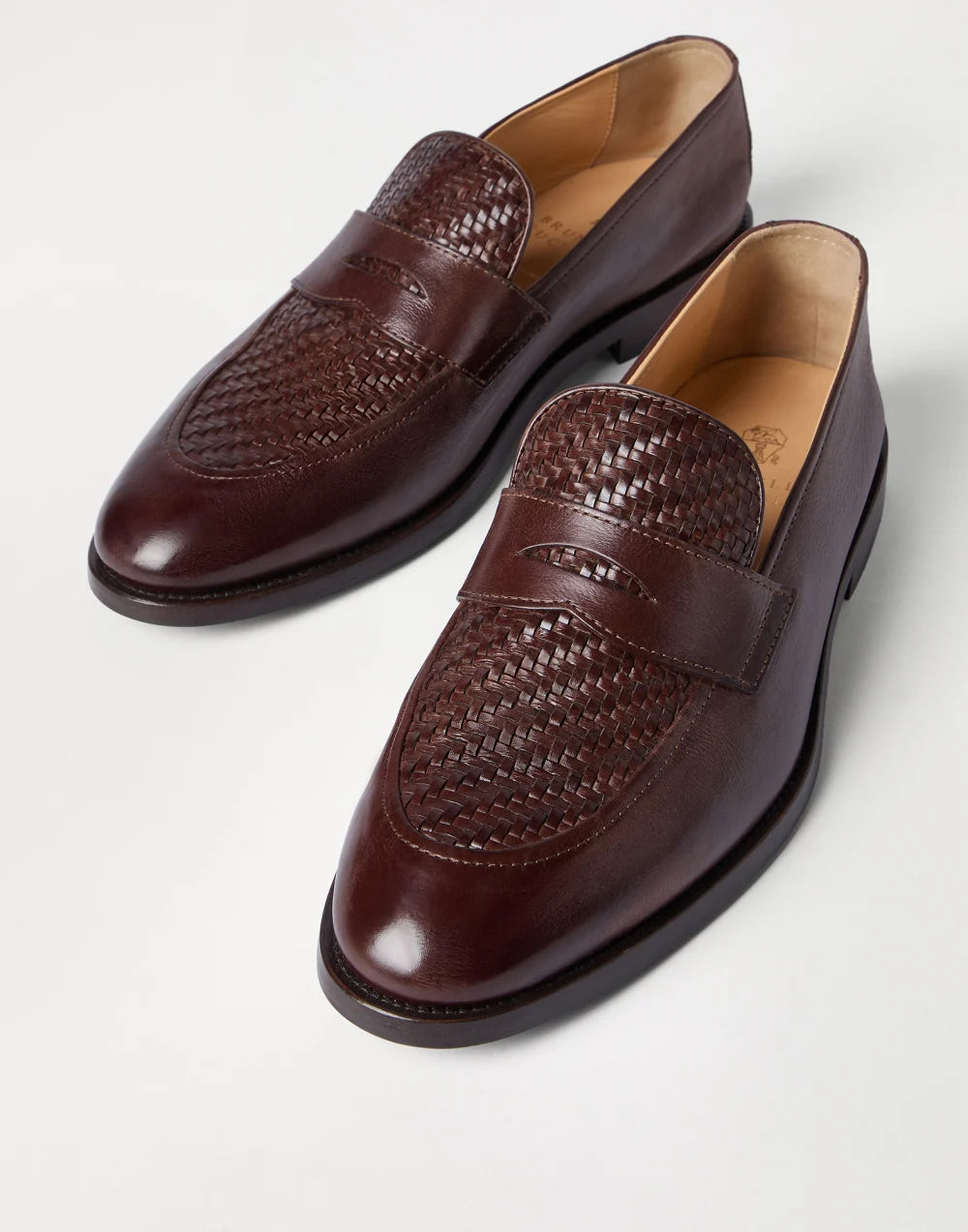 Penny loafers in braided calfskin and shiny calfskin Dark brown