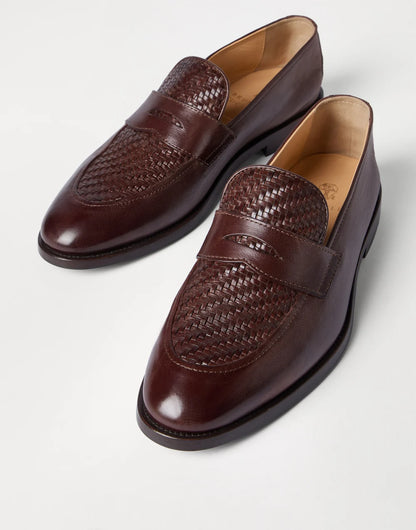 Penny loafers in braided calfskin and shiny calfskin Dark brown
