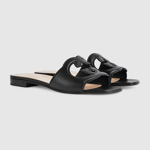 Women's GG Criss-Cross Strap Leather Slider Sandals in Black