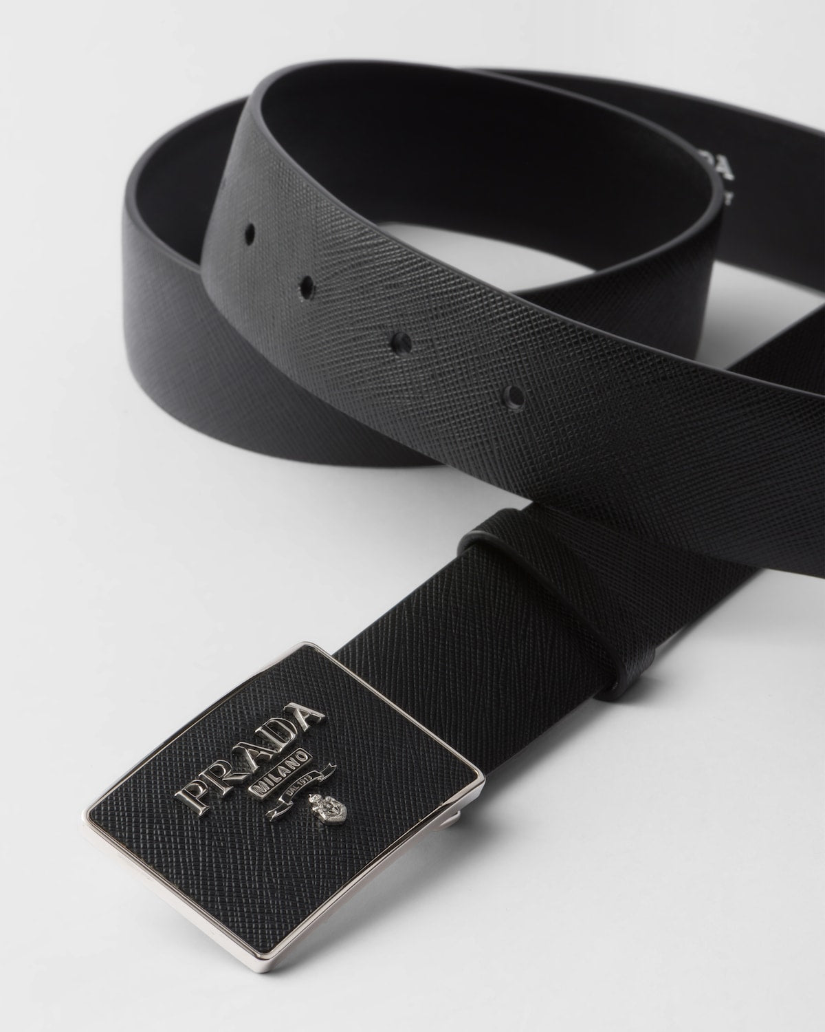 Black Saffiano leather belt with leather-covered metal buckle for men