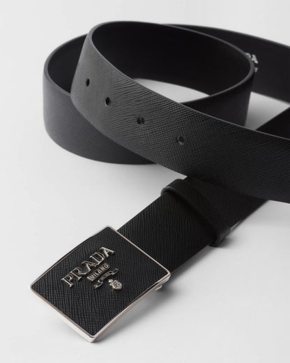 Black Saffiano leather belt with leather-covered metal buckle for men
