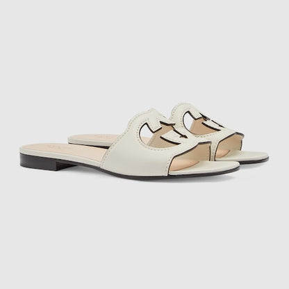 Women's white leather GG cross-strap slider sandals