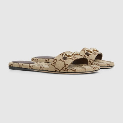 Women's GG Canvas Slides with Morsetto in Beige and Dark Brown